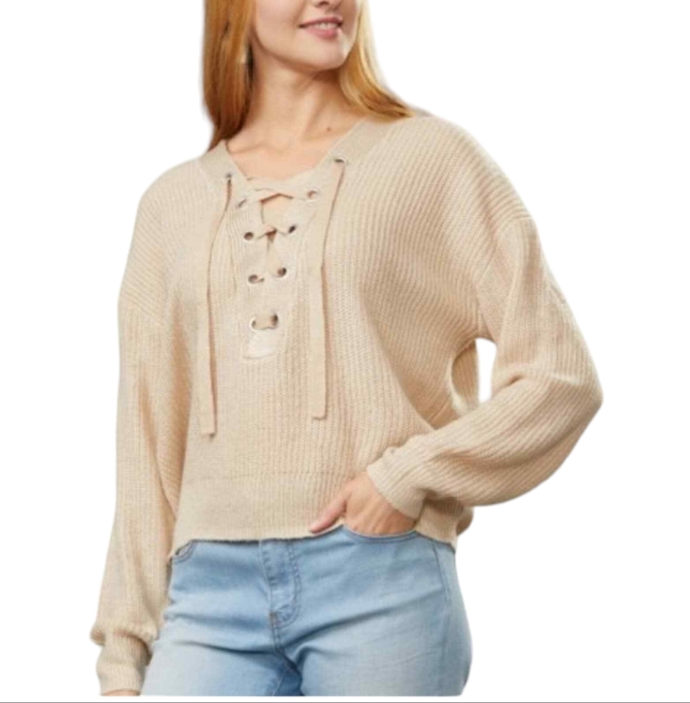 Tan Sweater Ribbed Lace Up Cropped Grommet VNeck